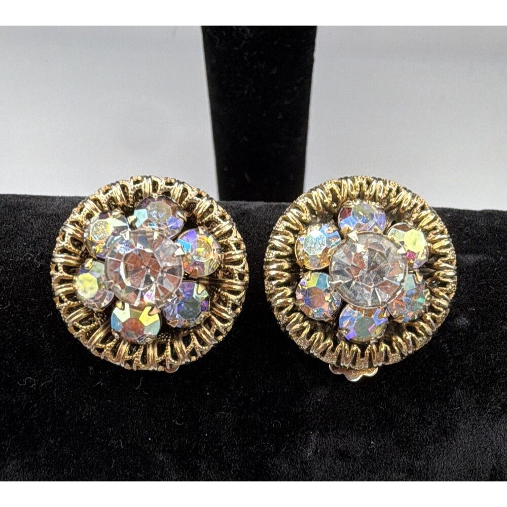 Vtg. Aurora Borealis Crystals Cluster Stud Style Clip-On Earrings